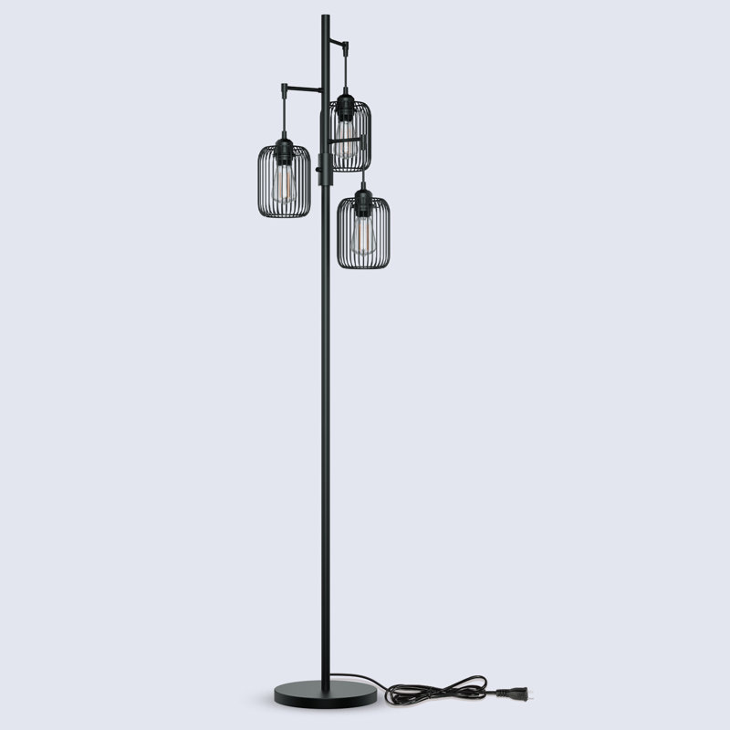 Lampe sur pied 70 po à 3 lumières à intensité variable avec abat-jour cage et ampoules DEL 70 po Farmhouse