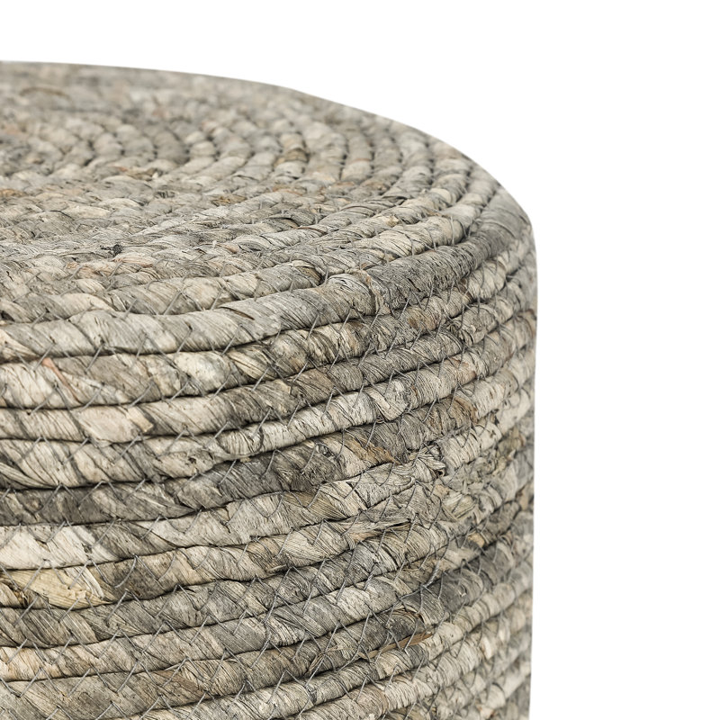 15.9" Handwoven Seagrass Round Ottoman, Gray/Brown Straw