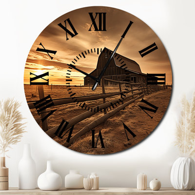 Barn Scenery At Dusk II - Farmhouse Black Face Wall Clock