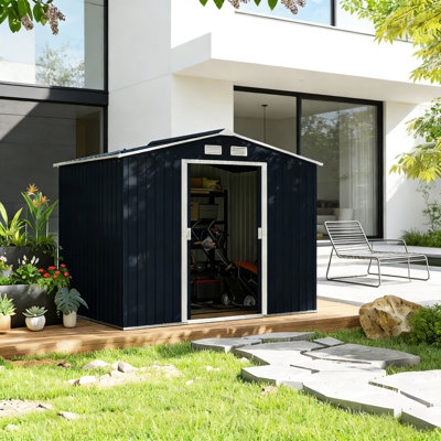 Remise de rangement extérieure avec toit incliné et rayé, portes doubles verrouillables, 4 évents pour ranger les accessoires de jardin, piscine, acier galvanisé gris foncé, L 109 po x l 76,8 po H 75,5 po