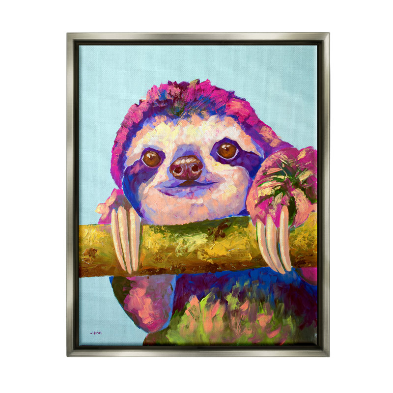 «Happy Sloth», animal sauvage audacieux - peinture, H 21 po x l 17 po x P 1,7 po, Cadre flottant gris lustré