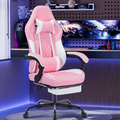 Ergonomic Video Gamer Chairs,Computer Gaming Chairs With Massage Lumbar Support And Footrest,Racing Style Computer Chair Adjustable Headrest For Adults,Pink White