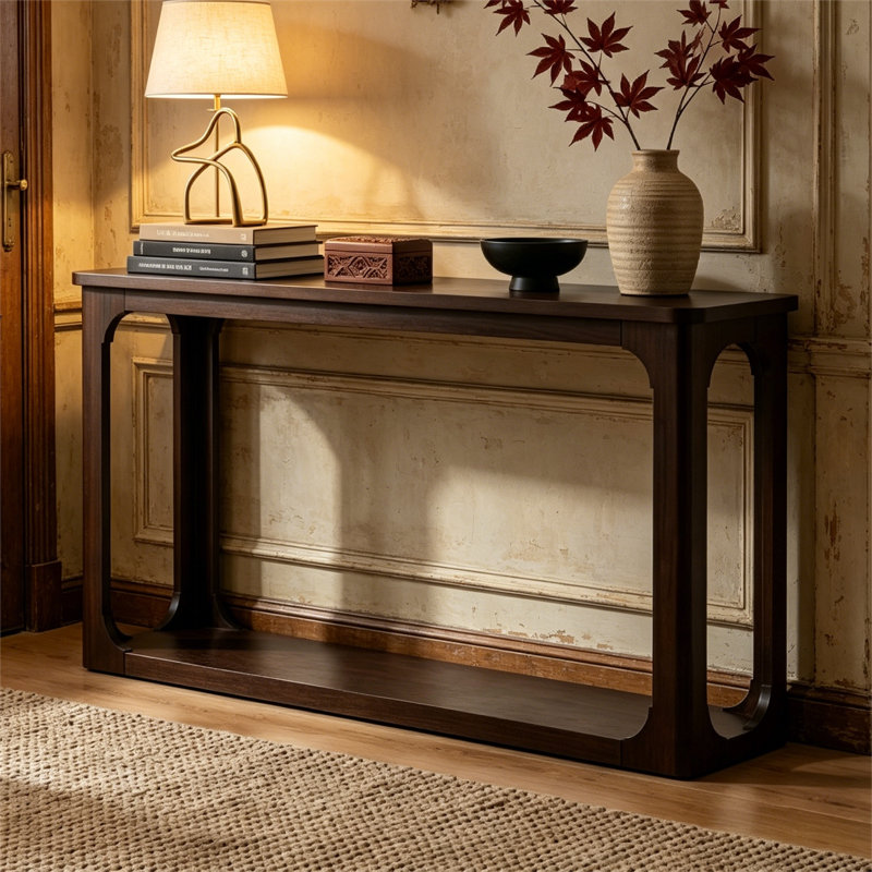 Console avec découpes à arche ouverte, coins arrondis, pieds en bois massif, placage de bois, tablette inférieure robuste, table de canapé d'entrée