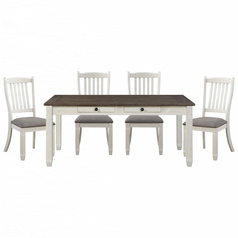 5Pc Dining Set Table W 6X Drawers, Gray/Antique White, Antique White