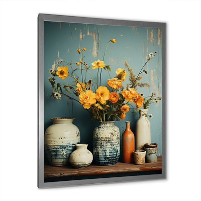 Art floral mural, poterie rétro jaune