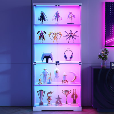 69" H Display Cabinet With Glass Doors,5-Tier Storage Cabinet With Rgb Light& Human Body Sensor