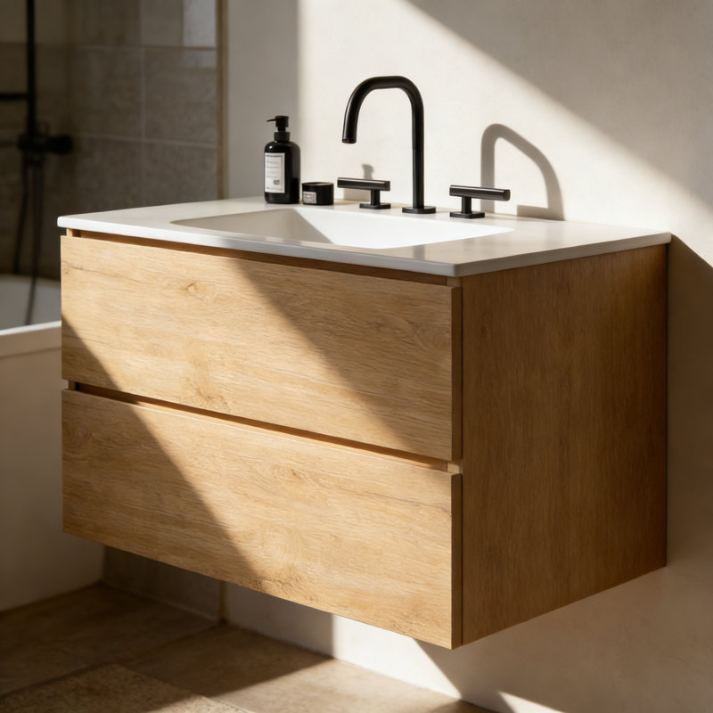 Meuble-lavabo mural avec lavabo en céramique avec trois trous de robinet, grand meuble-lavabo flottant de rangement pour salle de bain moderne, pré-assemblé