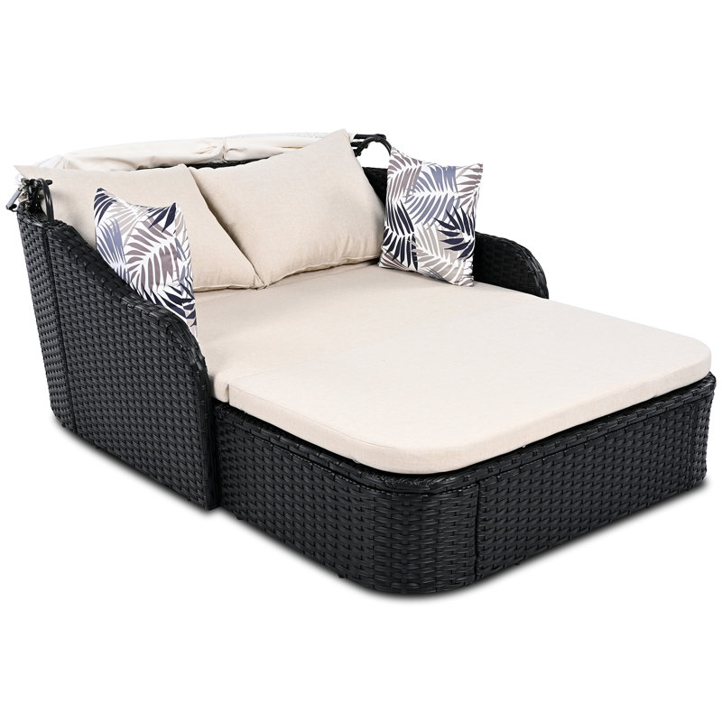 Chaise longue en osier avec auvent réglable, Beige