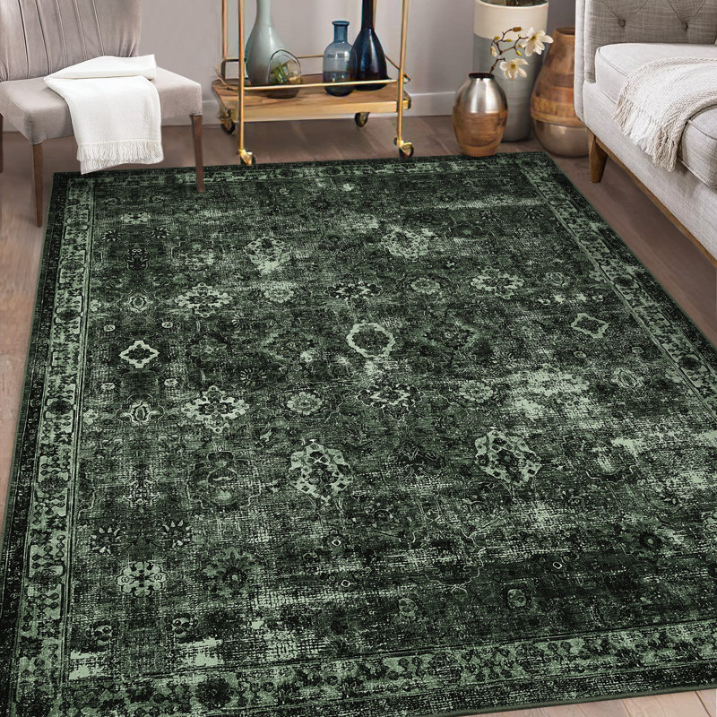 Tapis à motif floral rétro Boho, Green, Rectangle 10' x 13'