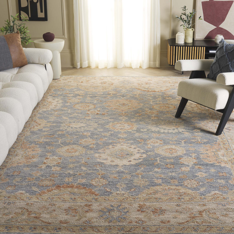 Laine nouée à la main Samarkand 133; Tapis oriental en coton, Rectangle 9 pi x 12 pi