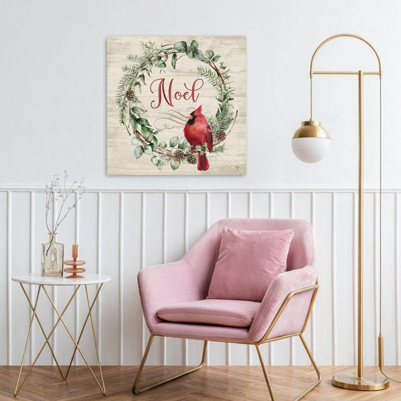 Noel, cardinal, couronne, art contemporain, verdure, H 32 po x l 32 po