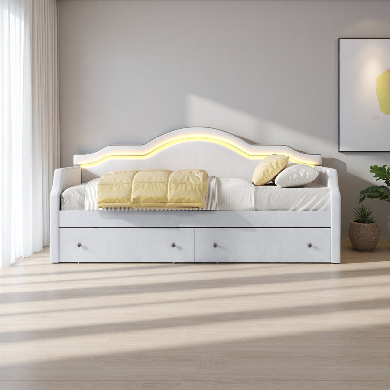 Lit de jour rembourré avec DEL et 2 tiroirs, Beige, Double