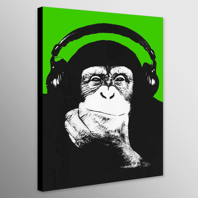 Monkey Headphones Thinking - Wrapped Canvas Print, 117cm H x 81cm W x 4cm D