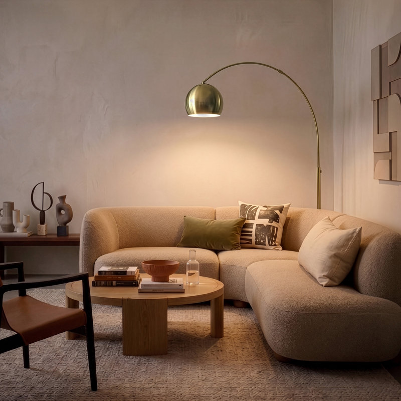 Olivia 75" Modern Industrial LED Arc Floor Lamp with Gold Brass Finish, White Marble Base, and Metal Bowl Shade, Bulb Included