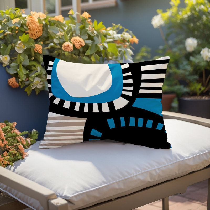 Coussin rectangulaire intérieur / extérieur Alika, Turquoise / noir / blanc cassé, H 14 po x l 20 po