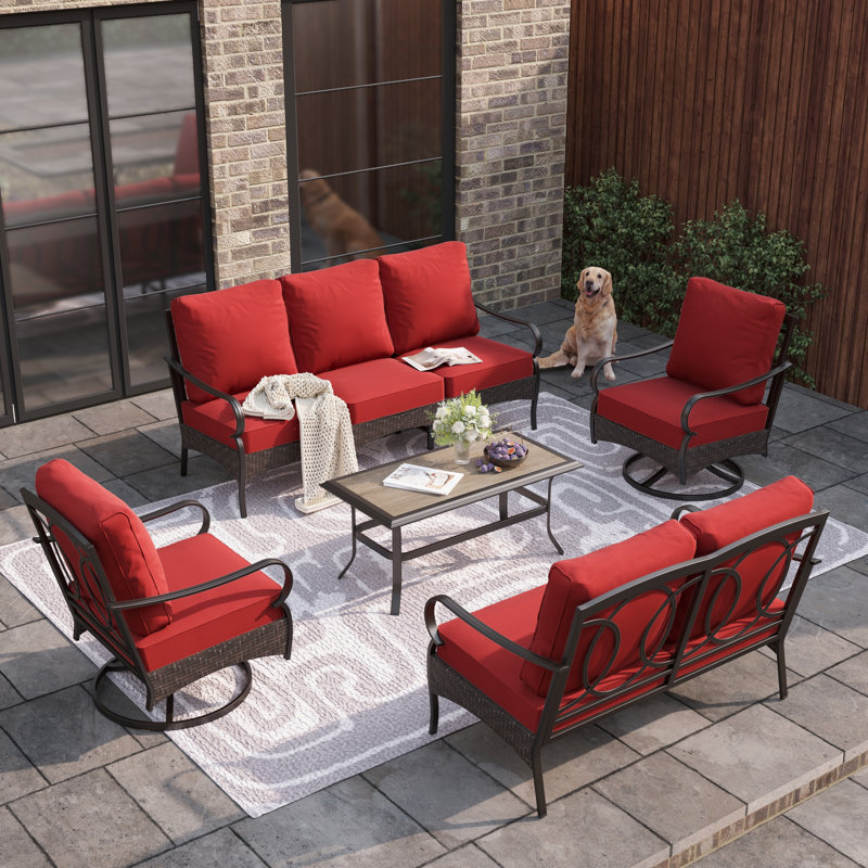 Ensemble de conversation pour l'extérieur 9 personnes avec causeuse et fauteuils pivotants, Rouge