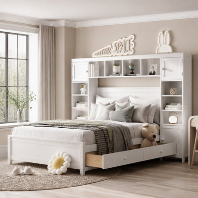 Full Size Wooden Bed With All-In-One Cabinet And Shelf