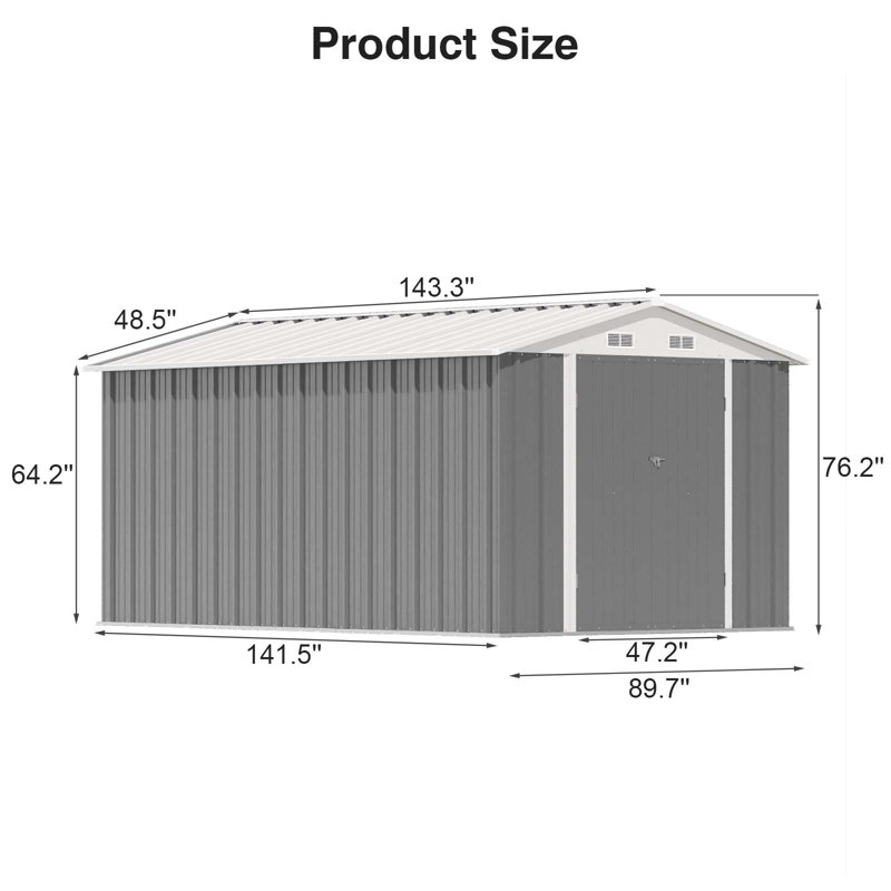 8 ft. x 12 ft. Metal Storage Shed for Outdoor, Steel Yard Shed with Design of Lockable Doors, Gray/White