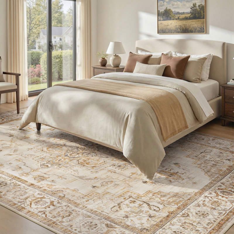 Soft Machine Washable Vintage Distressed Medallion Area Rug For Living Room, Bedroom With Non-Slip Backing In Beige/Cream