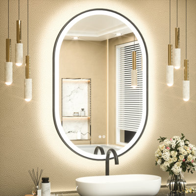 Bathroom Oval Framed Classic Bevel Edge Dimmable Anti-Fog With 3 Color Adjustment LED Lighted Mirror Front&Backlit Vanity Mirror
