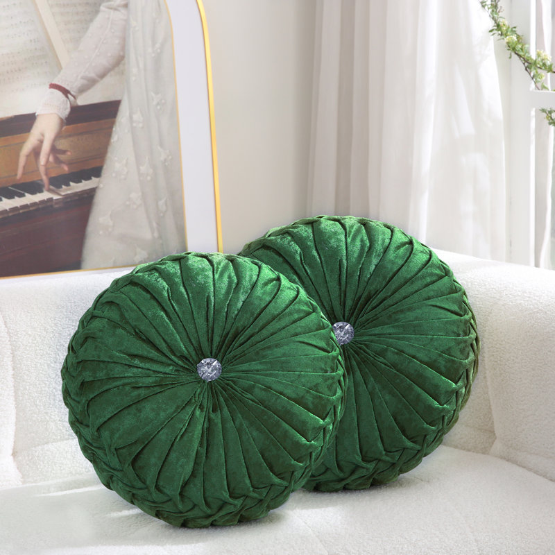 Velvet Round Decorative Pillow for Couch Decor 15-Inch (Set of 2), Dark Green