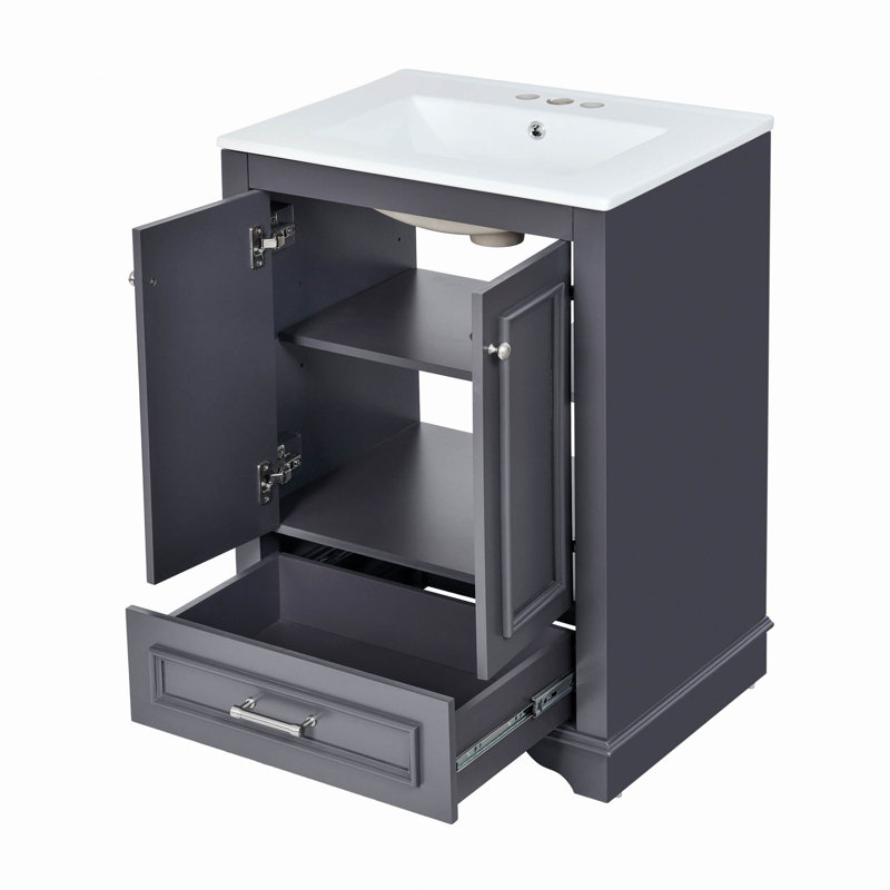 Ensemble de meuble-lavabo 24 po avec lavabo en céramique, armoire de rangement autoportante moderne avec poignées argentées, portes à fermeture douce