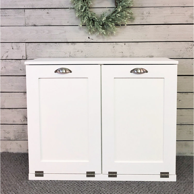 Cheyne Double Trash Bin Cabinet, White/Silver