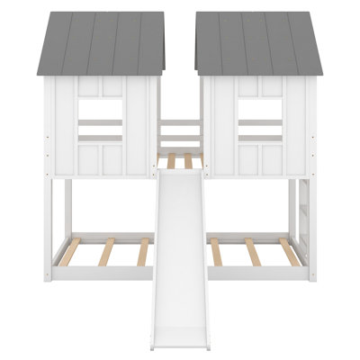 Lit superposé simple au-dessus de simple avec glissade et fenêtres, blanc - Lit pour chambre d'enfant en bois massif