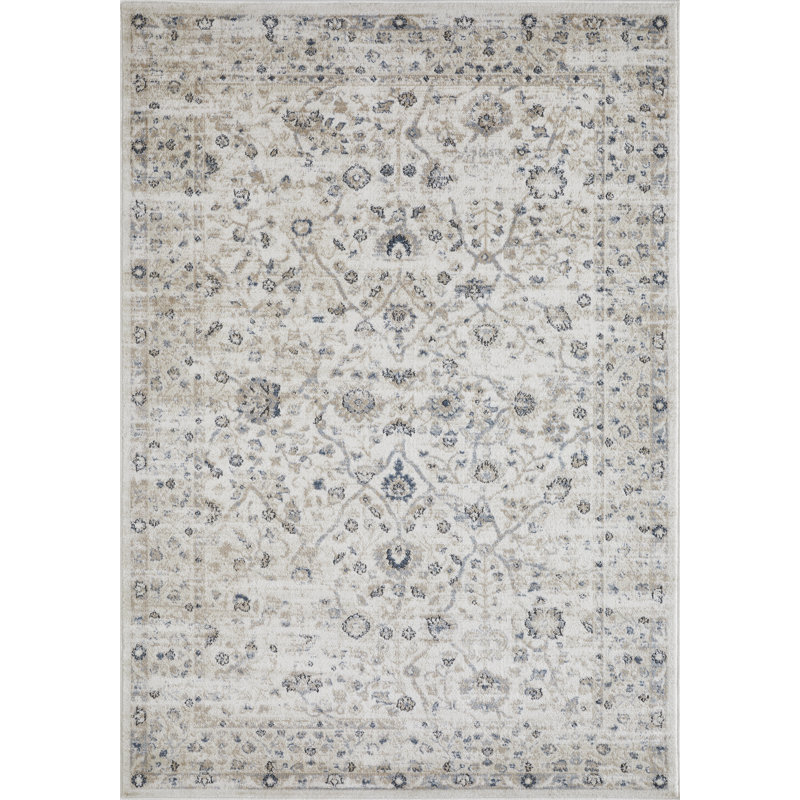 Tapis oriental en polypropylène tissé à la machine en crème / bleu Aldonja, Rectangle 4 pi x 6 pi