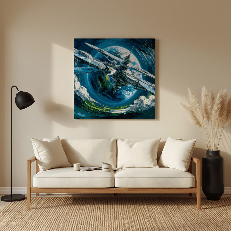 Art mural en métal Sciifi Space station orbiting Earth Blue