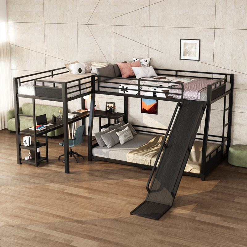 Lit superposé en L en métal avec lit mezzanine simple, bureau et tablettes de rangement