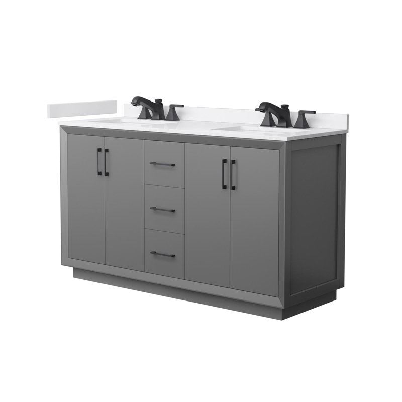 Strada 60" Freestanding Double Bathroom Vanity with Cultured Marble Top, Gray, Matte Black