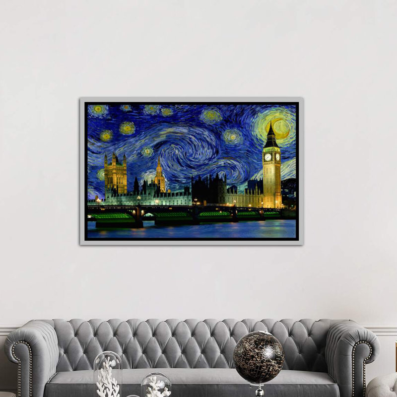 London, England Starry Night Skyline - impression d'art graphique, H 40 po x l 60 po x 1,5 po, Toile encadrée noir délavé