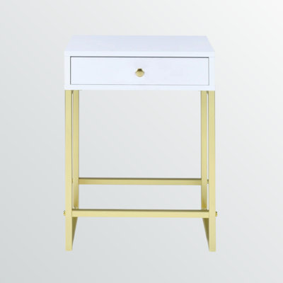 Stylish Newhaven White Top Accent Table – Modern Brass Metal Base, Storage Drawer with Metal Glides for Home