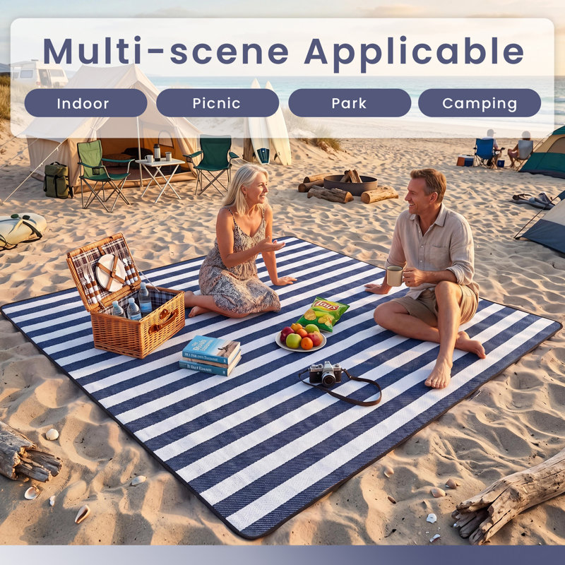 Couverture de pique-nique imperméable 79 x 79 po, tapis de plage rayé bleu blanc pour 6 à 8 adultes, tapis de camping pliable avec sangle