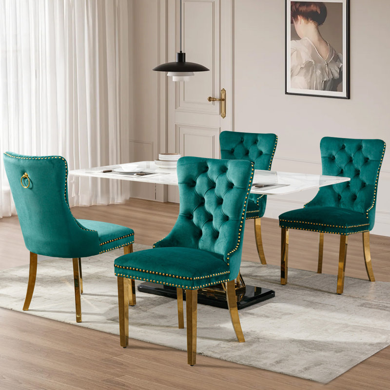 Chaises de salle à manger, chaise de salle à manger rembourrée haut de gamme avec anneau clouté, Doré, Velours vert, 4
