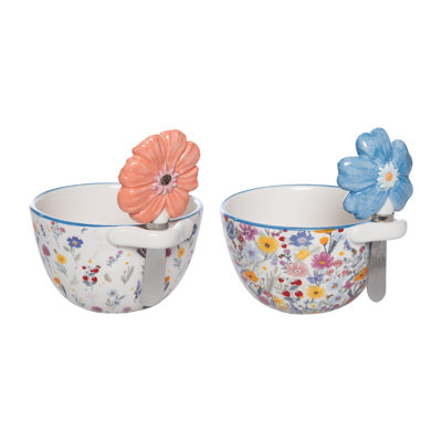 Dolomite Bowl with Floral Spreader, Serving Bowl, Multicolor, Ceramic, Set of 2, Table, Kitchen, Spring, Tabletop, Bowl