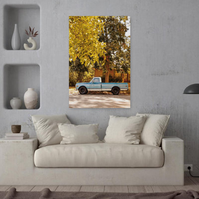 Bébé bleu, camionnette classique, rétro, automne, architecture, art mural