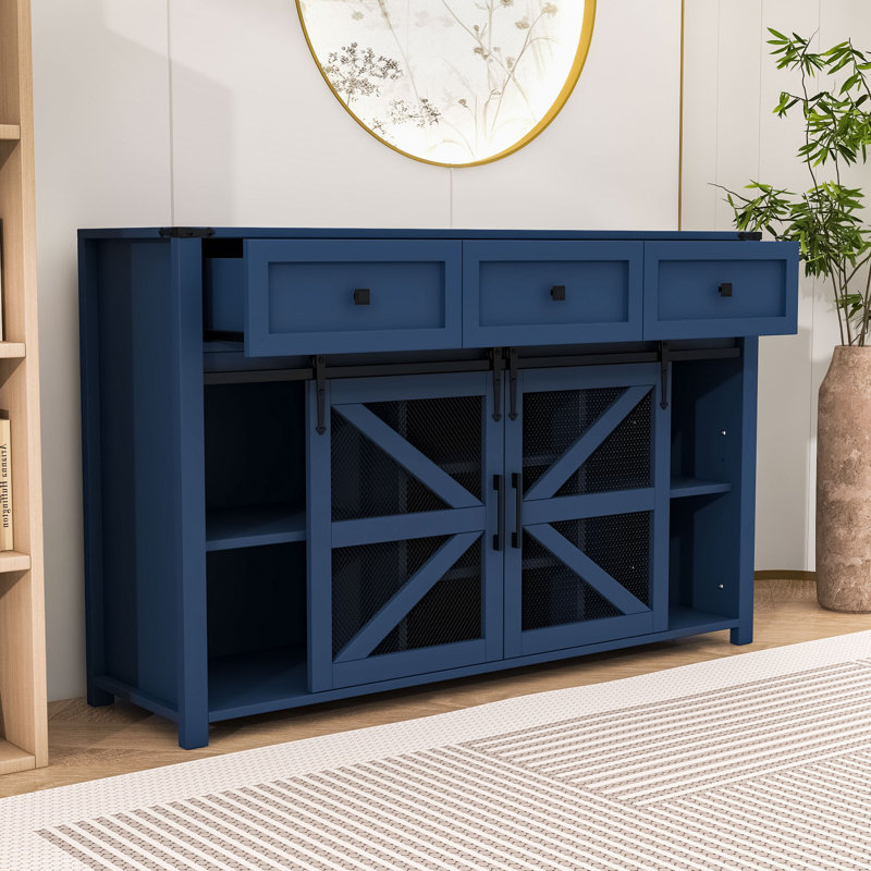 Modern Industrial Buffet Cabinet with Sliding Barn Doors, Adjustable Shelves, Navy Blue