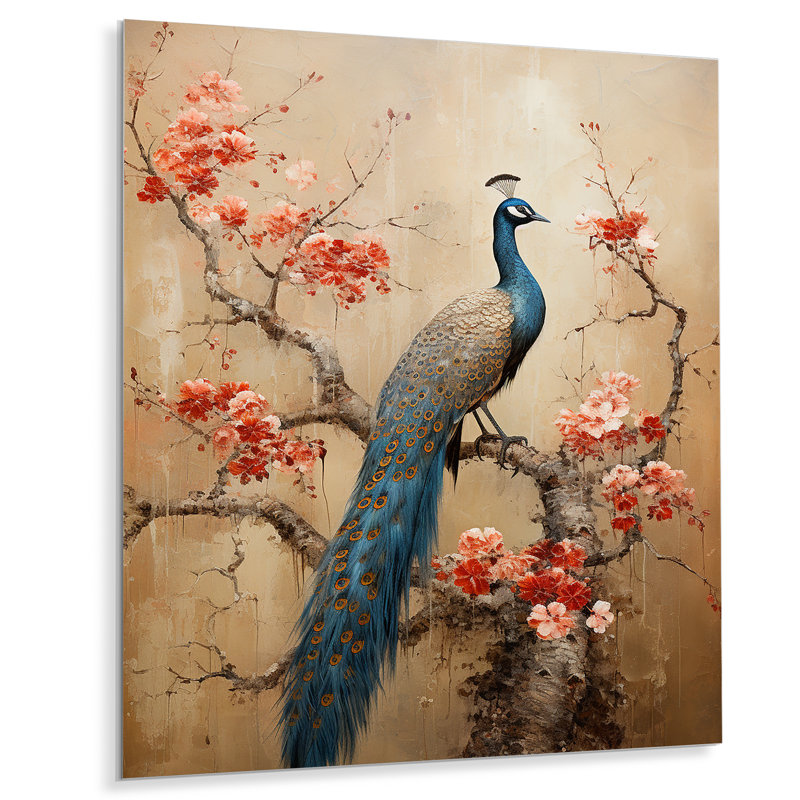 Bleu japonais royal floral paon I - paon animal art mural en métal, H 40 po x l 30 po x P 1,5 po