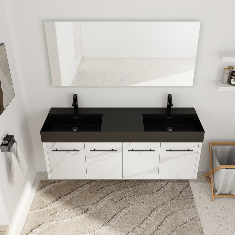 Meuble-lavabo double 60 po avec plateau en résine, Noir
