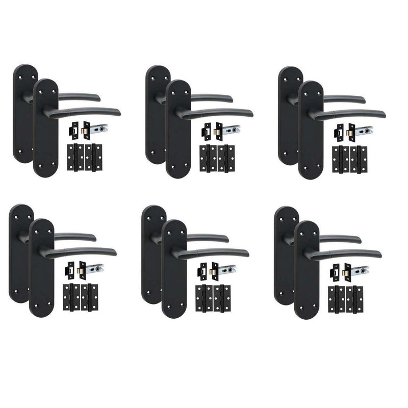 Golden Grace 6 Pairs Victorian Indiana Design Long Rounded Backplate Internal Door Handle Matt Black with 2.5" Latch & Hinges - 182mm x 45mm