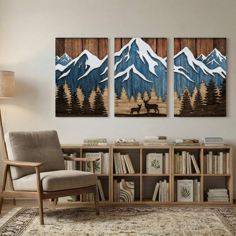 «Landscape & Nature Mountain Forest Deer Reflection Wood», reproduction d'art, H 24 po x l 48 po