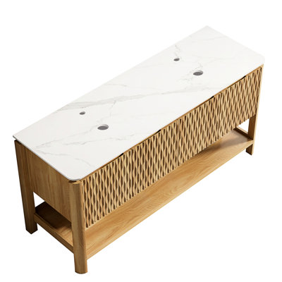 Meuble-lavabo autoportant de 60 po, comptoir en pierre frittée blanche, aspect bois de chêne brun, contreplaqué multicouche, panneaux de porte massifs 3D, armoire à double fermeture en douceur pour le rangement