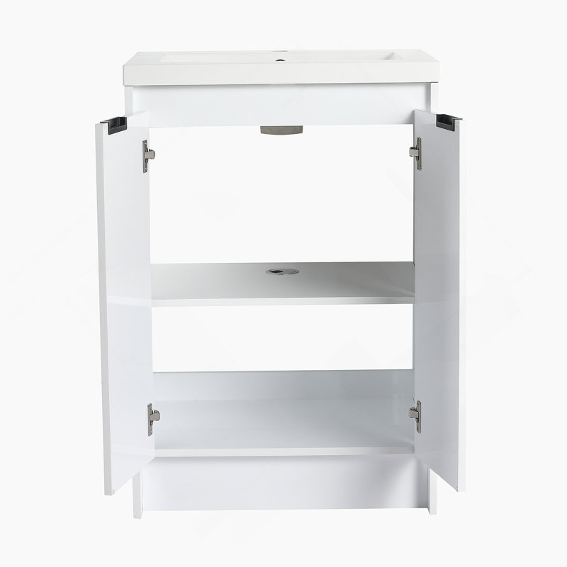 Meuble-lavabo autoportant de 72 po avec lavabo en résine et armoire à 1 côté, portes et tiroir à fermeture douce, blanc brillant, contreplaqué (emballage KD)