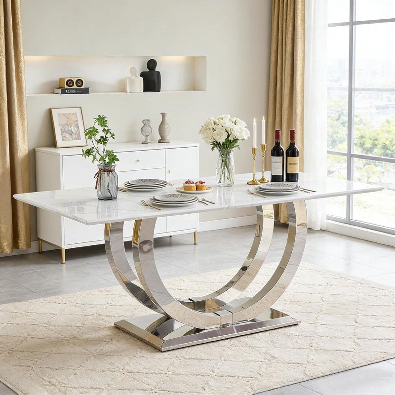 Faux Marble Dining Table Set, 69.3" Rectangular Dining Table & Tufted Velvet Chairs, Modern Kitchen Dining Room Table with Dual U-Shape Stainless Steel Base and Chairs Set
