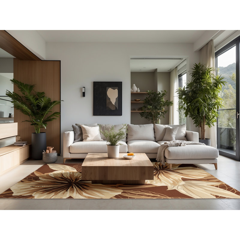 Soft Plush Temaraia Hibiscus Tropical Floral Area Rug in Brown – Beige Binding, 5' Round