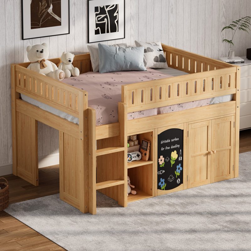 Lit mezzanine double avec armoire de rangement et tableau noir, naturel, Naturel