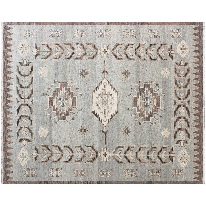 Tapis gris et brun en laine noué à la main - motif géométrique tribal du Sud-Ouest, Rectangle 10 pi x 14 pi