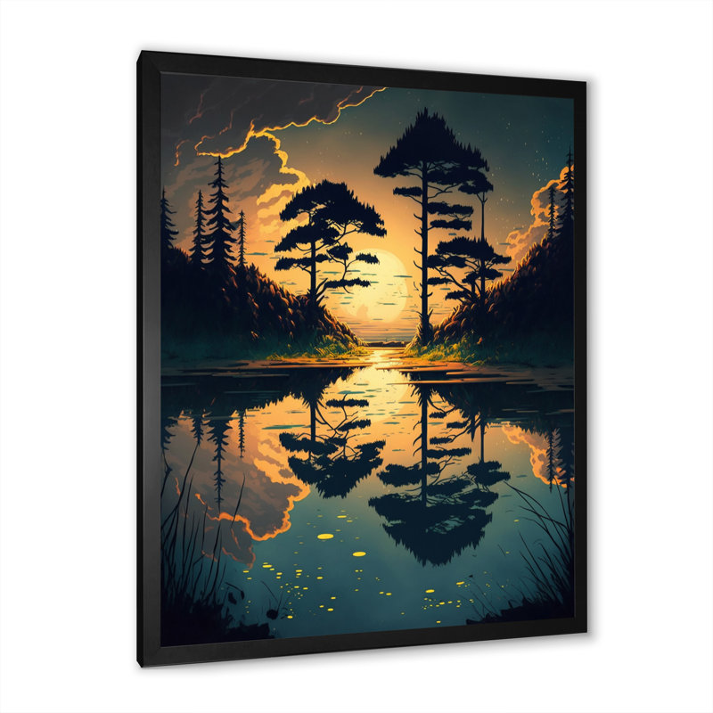 Coucher de soleil à travers l'arbre au lac - reproduction sur toile, Cadre photo noir, H 20 po x l 12 po x P 1 po